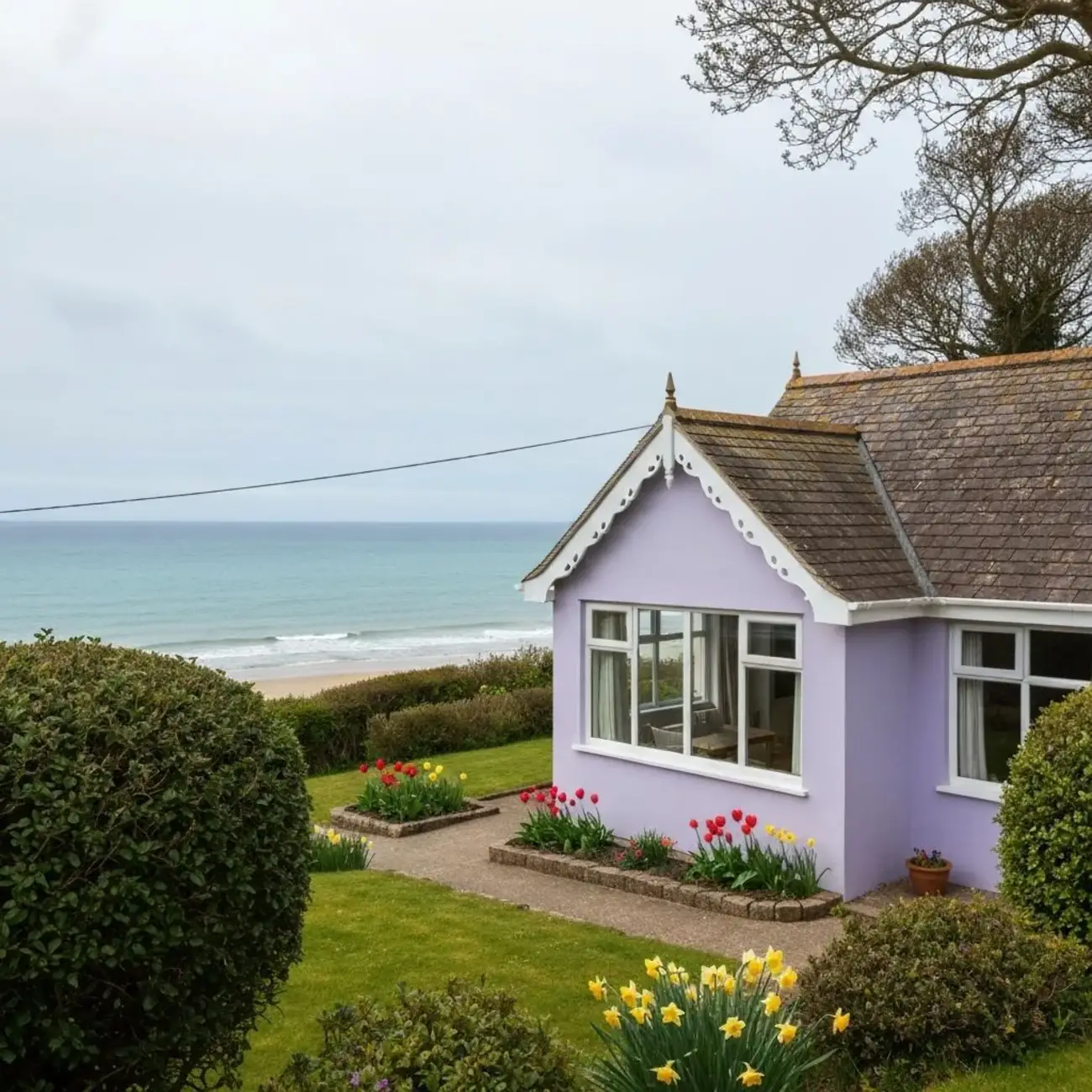 A serene seaside cottage with a sweeping sea view